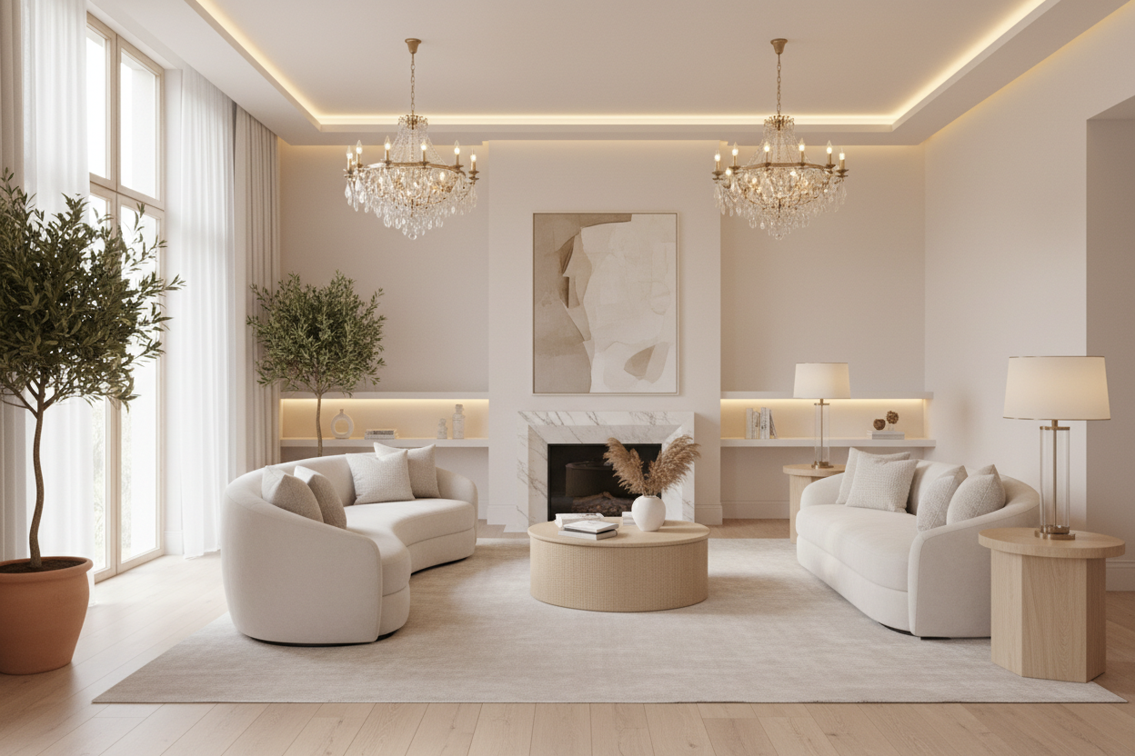 beautiful home in light colors with lights